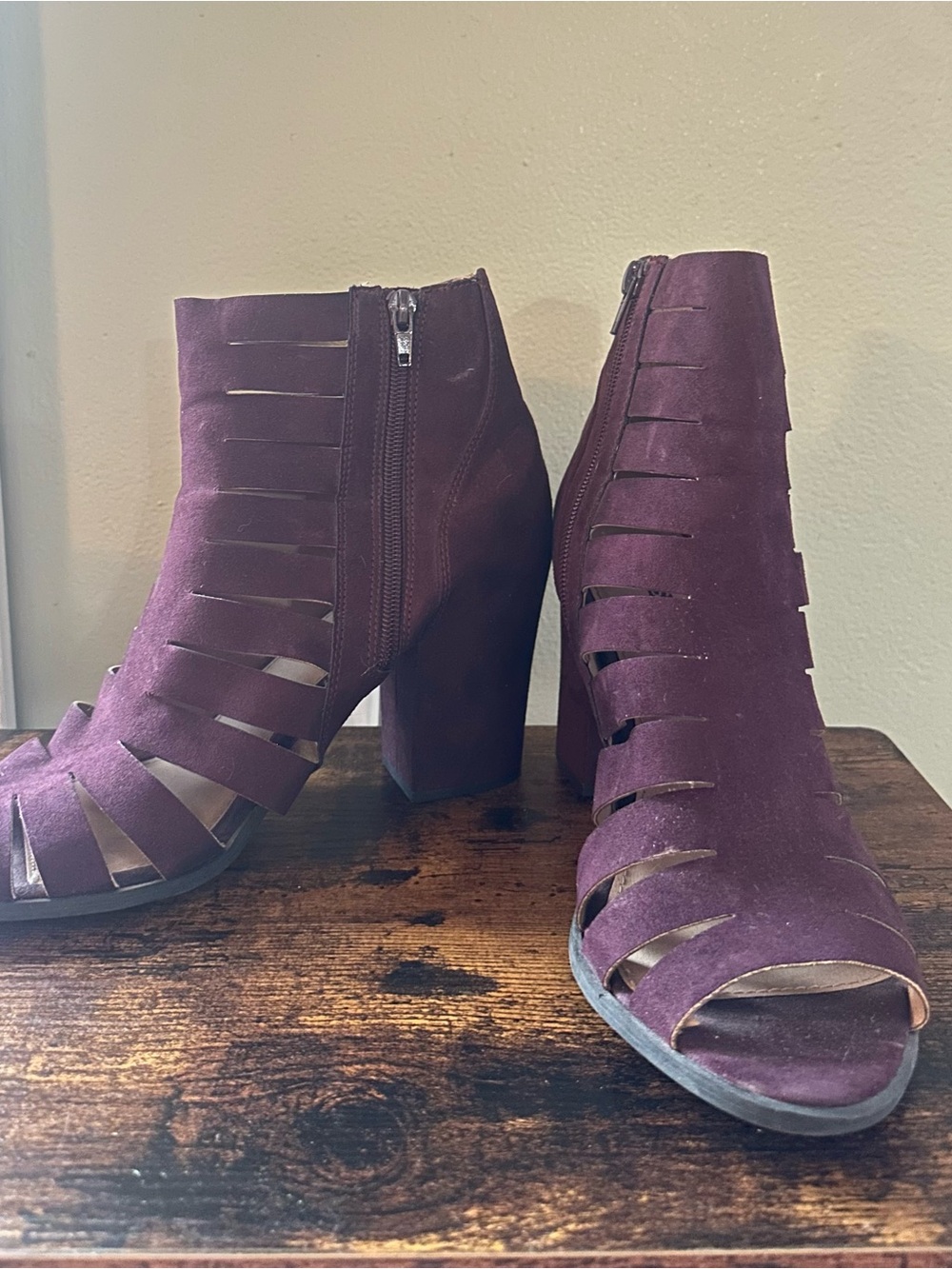 Maroon faux-suede Brash peep-toe block-heel booties